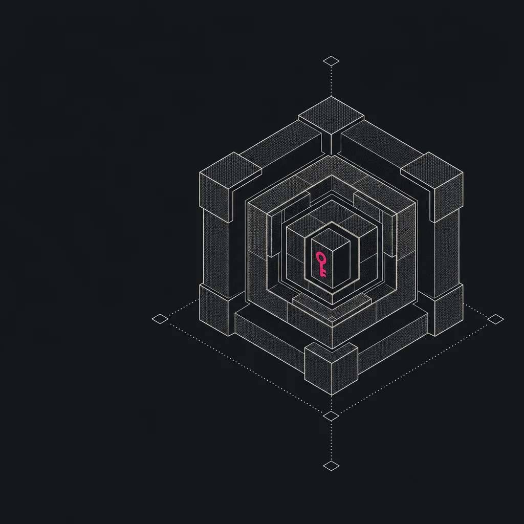 Isometric exploded view of an ERC-4337 smart account, its signer, paymaster, and entry point separated into layers.