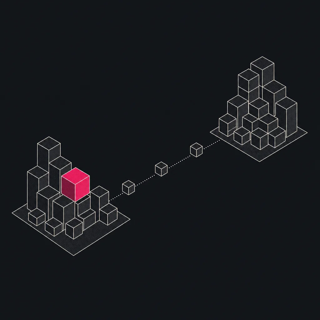 Isometric mesh of separate chain planes linked by bridges, one link Signal Pink.