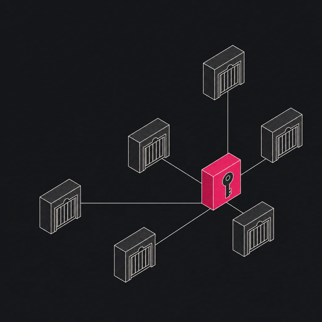 Isometric diagram of a key resolving against an access gate, the gate panel Signal Pink.
