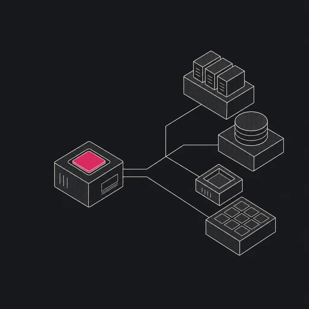Isometric diagram of an agent runtime connected to the FabricBloc platform, its tool sockets exposed, one of them Signal Pink.